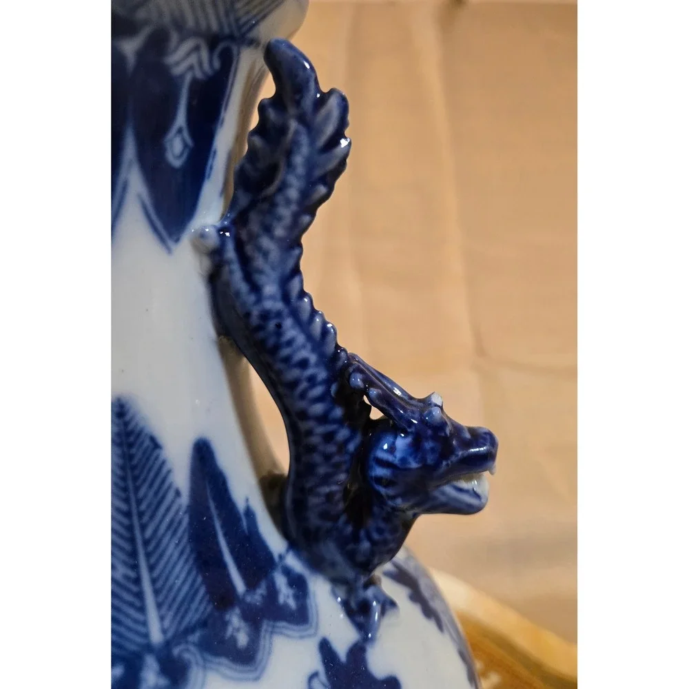 Vintage Chinese Blue White Porcelain Dragon Phoenix Vase Dragon Handles 10